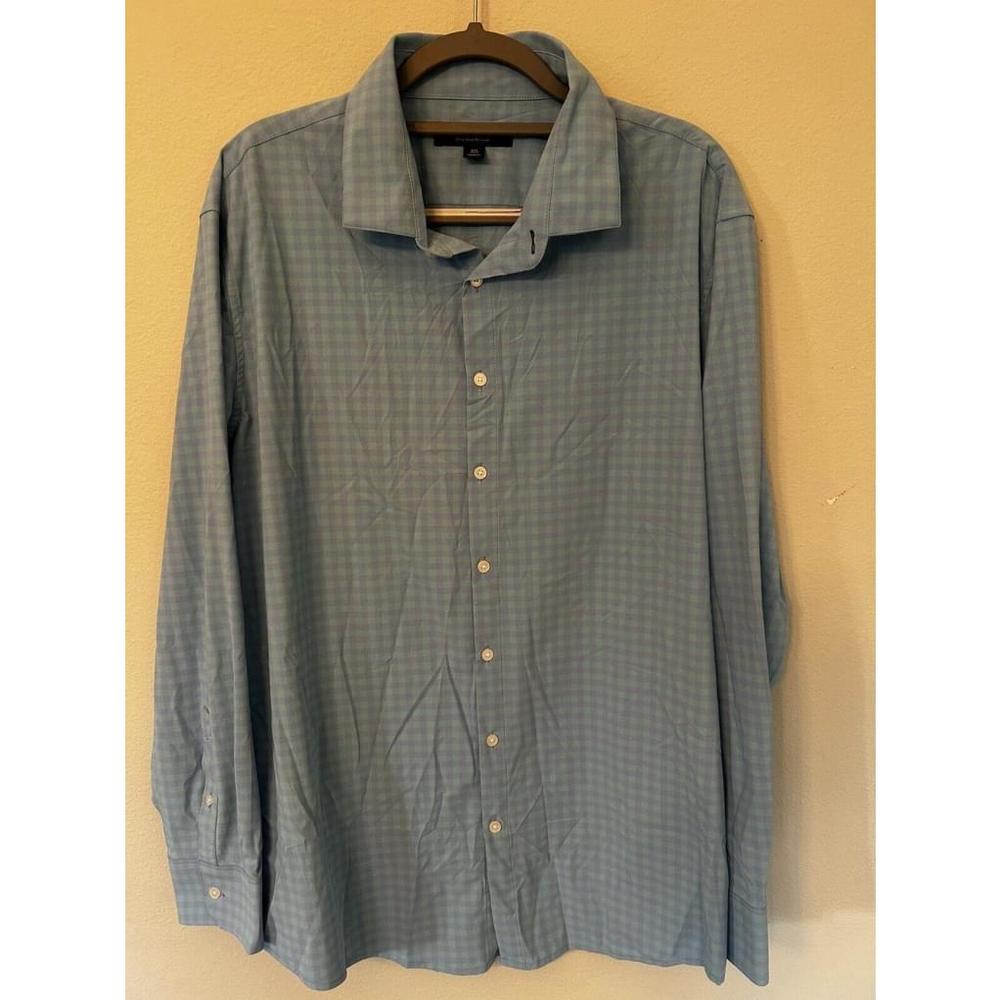 Mizzen Main Performance Shirt Mens Xxl Trim Fit Button Up Blue Gingham Stretch